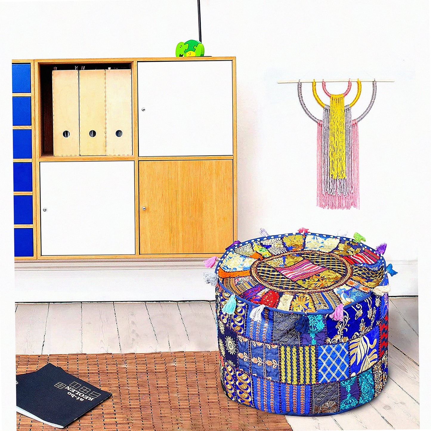 Boho Patchwork Cotton Pouf Ottoman Cover - Multicolor Footrest Pouffe for Living Room & Bedroom Decor - Round Circular Tel Footstool - Blue 22"x14"x22"