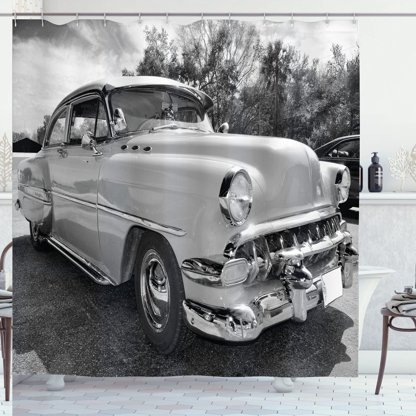 Vintage Shower Curtain 50s 60s Retro Cars Hollywood Artwork