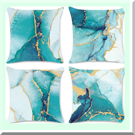 Teal Gold Abstract Art Velvet Pillow Covers - Set of 4 - 20x20 Inch - Modern Decorative Cushion Cases for Couch Sofa Bed - Outdoor Home Decor