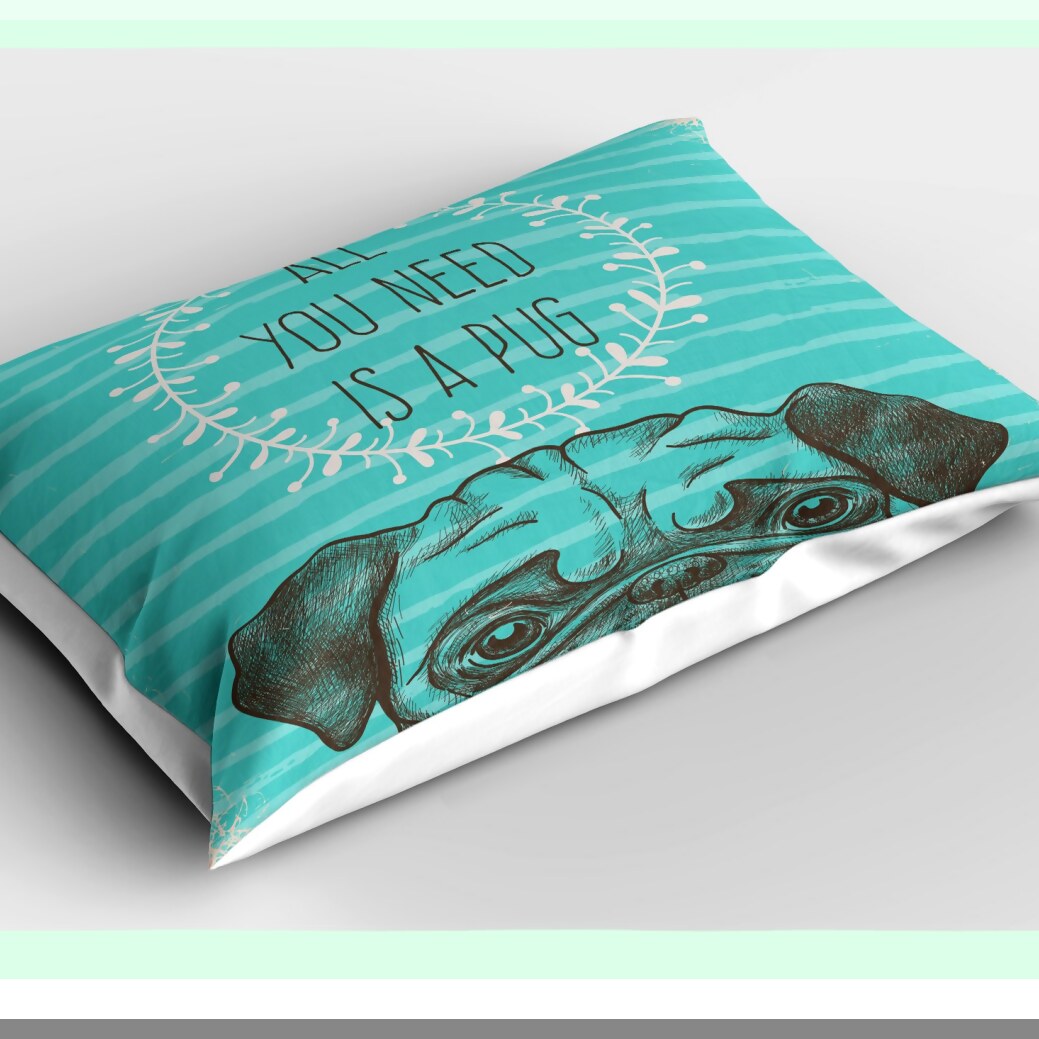 Pug Love Pillow Cover - Dog Print Pillowcase for Pug Lovers - Aqua Decorative Sham - Standard Size 36" X 20" - Brown Green Animal Image Theme