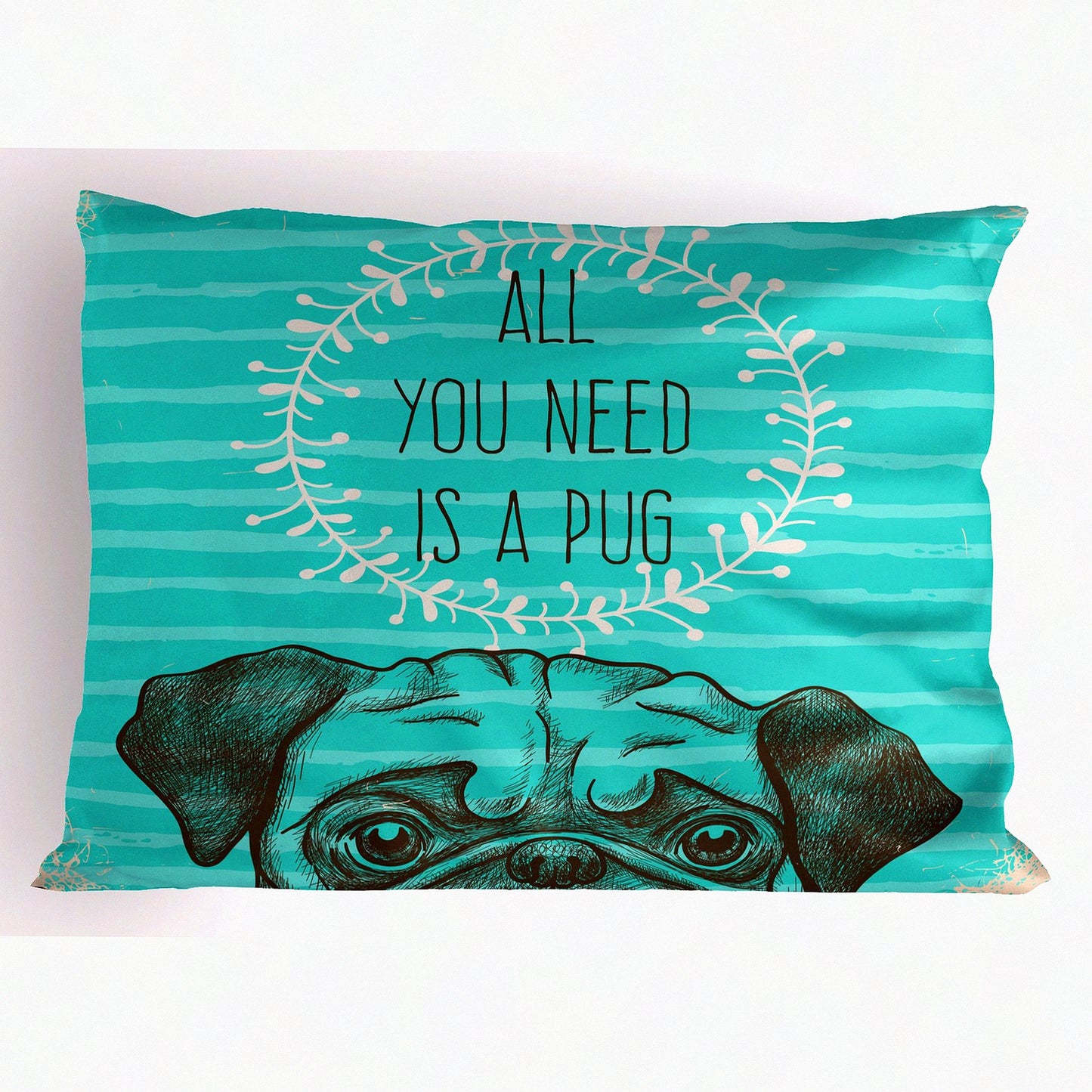 Pug Love Pillow Cover - Dog Print Pillowcase for Pug Lovers - Aqua Decorative Sham - Standard Size 36" X 20" - Brown Green Animal Image Theme