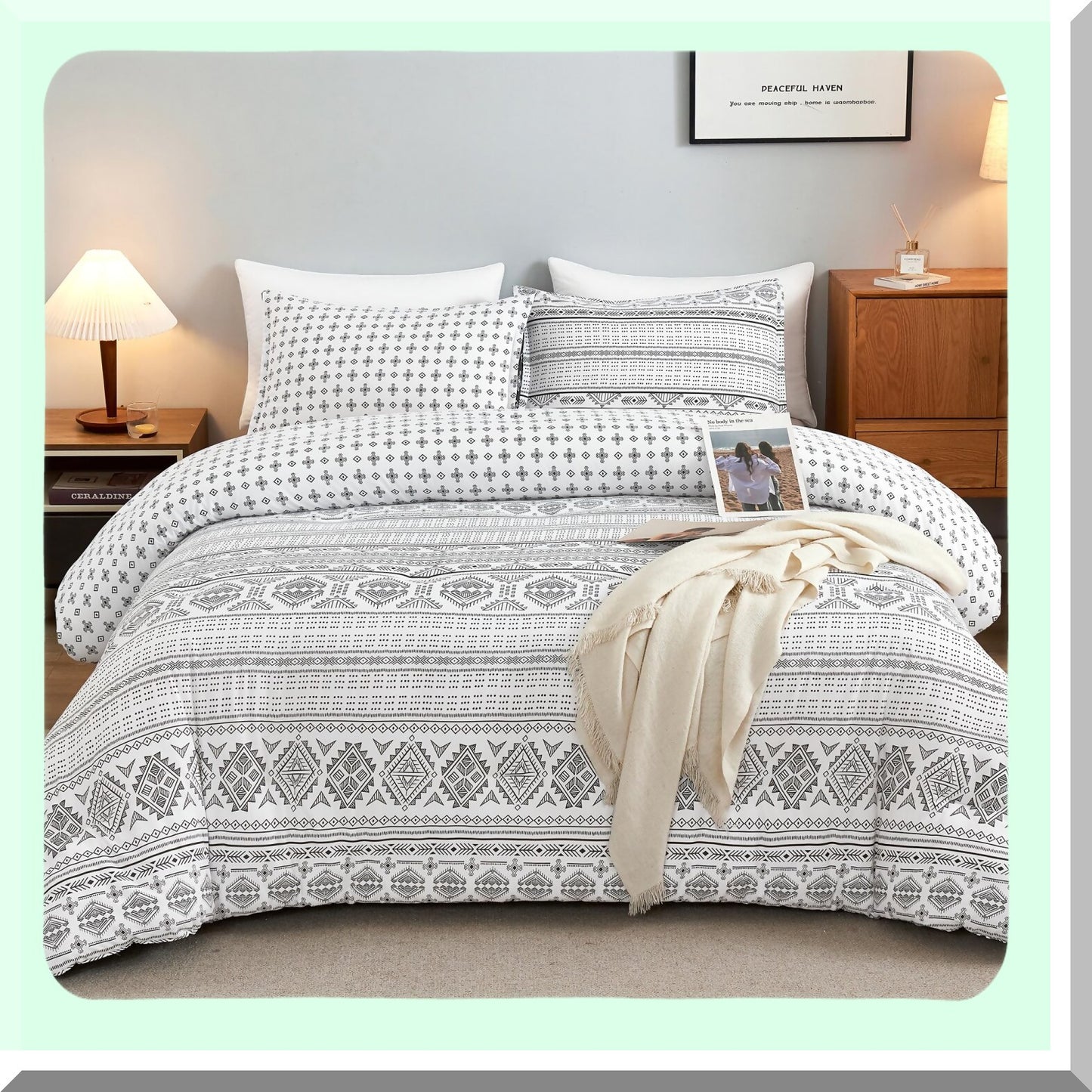 California Dreamin' Geometric Comforter Set - Boho Chic Bedding with Striped Design - Lightweight Microfiber Down Alternative - 3 Piece Bed Set with Pillowcases - Black & White Summer Comforter