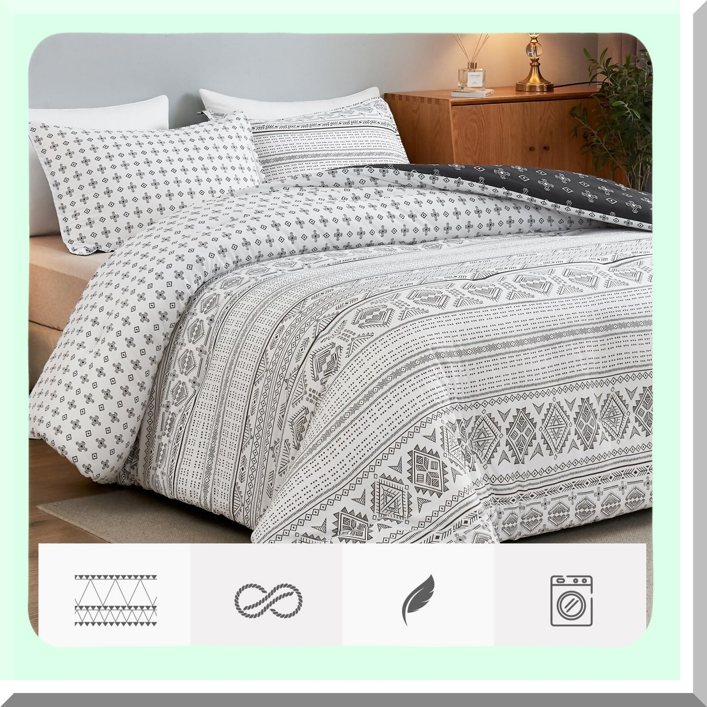 California Dreamin' Geometric Comforter Set - Boho Chic Bedding with Striped Design - Lightweight Microfiber Down Alternative - 3 Piece Bed Set with Pillowcases - Black & White Summer Comforter