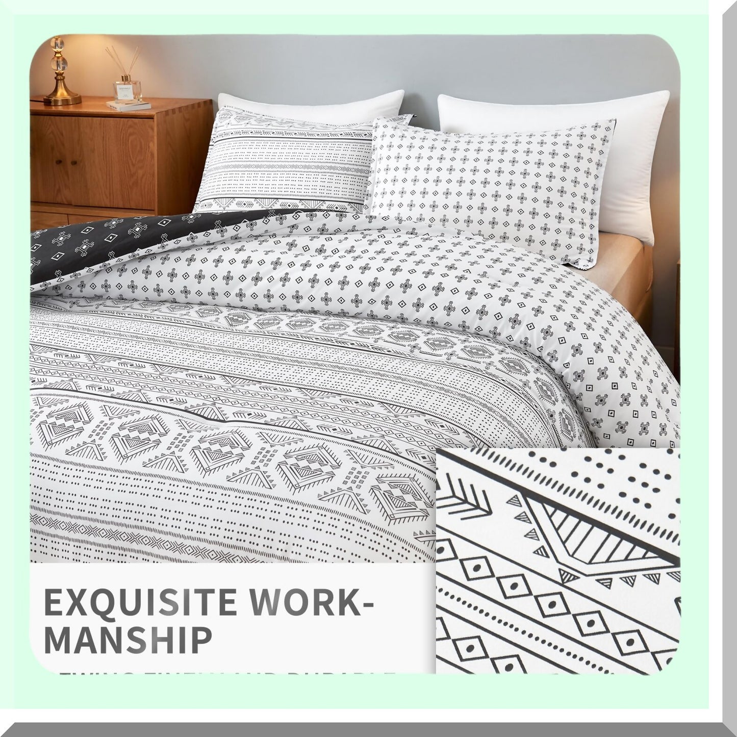 California Dreamin' Geometric Comforter Set - Boho Chic Bedding with Striped Design - Lightweight Microfiber Down Alternative - 3 Piece Bed Set with Pillowcases - Black & White Summer Comforter