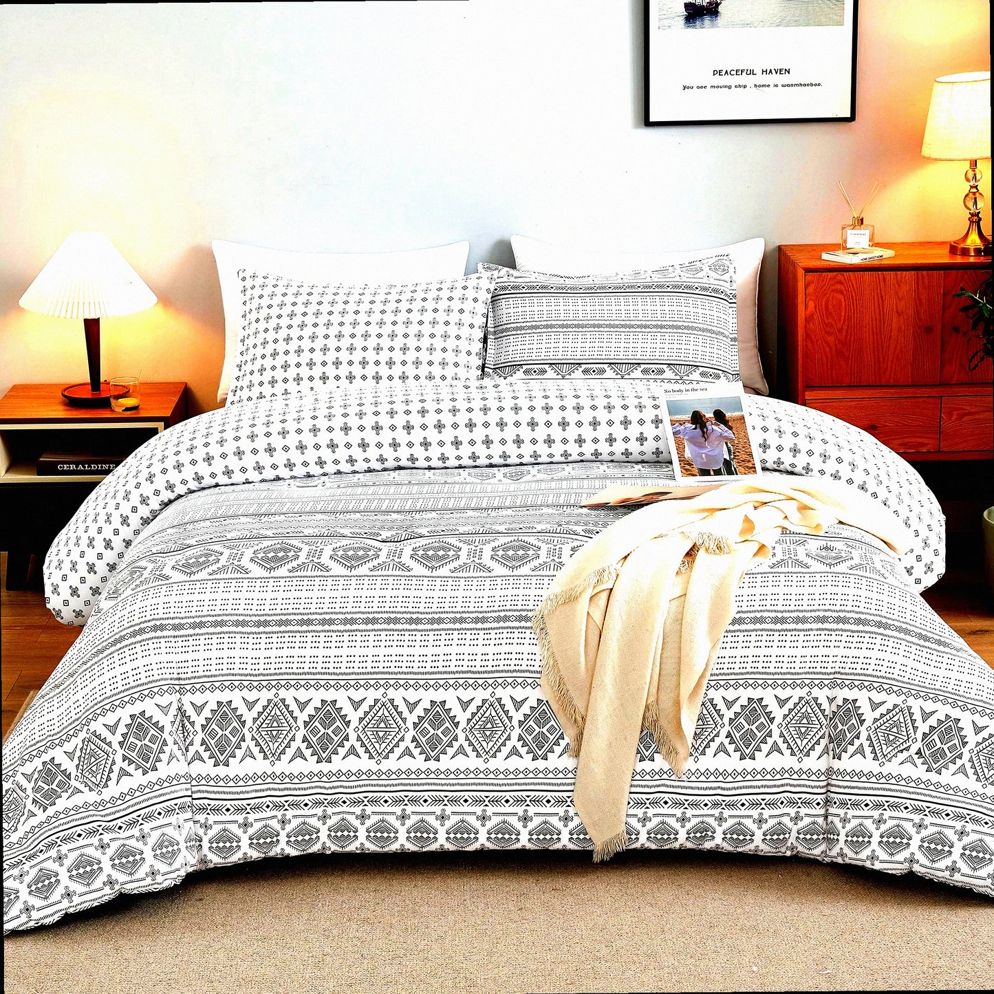 California Dreamin' Geometric Comforter Set - Boho Chic Bedding with Striped Design - Lightweight Microfiber Down Alternative - 3 Piece Bed Set with Pillowcases - Black & White Summer Comforter