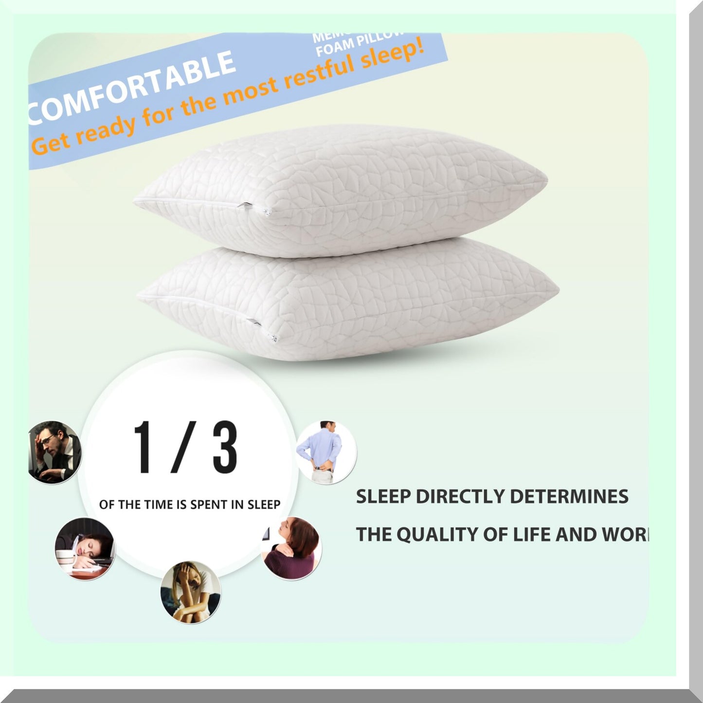 CoolDream Adjustable Memory Foam Pillows - Queen Size Set of 2 for Side Back Stomach Sleepers. Comfy Cooling Pillows with Washable Cover.