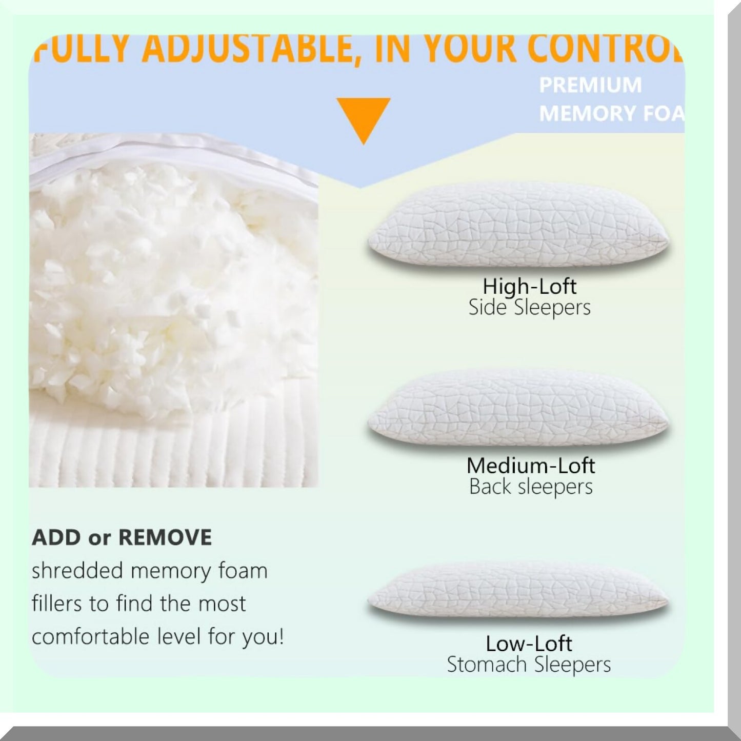 CoolDream Adjustable Memory Foam Pillows - Queen Size Set of 2 for Side Back Stomach Sleepers. Comfy Cooling Pillows with Washable Cover.