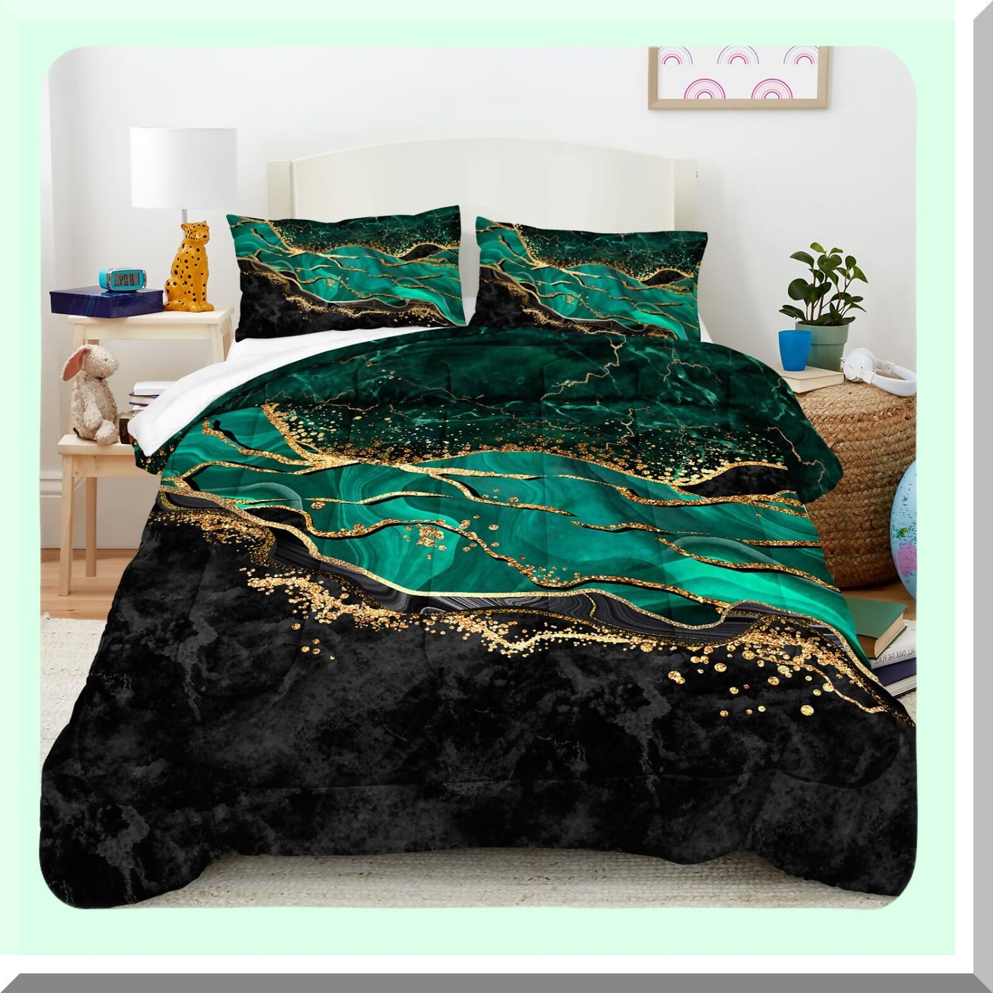 Emerald Marble Metallic Comforter Set - Dark Green Abstract Modern Bedding with F Print in Black Gold - Queen Size Luxurious Bed Set