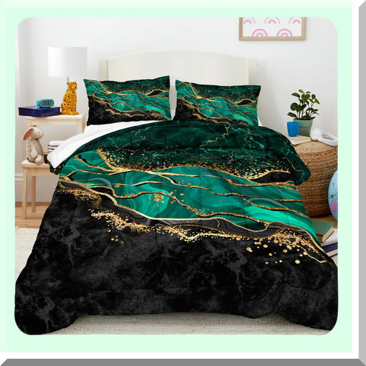 Emerald Marble Metallic Comforter Set - Dark Green Abstract Modern Bedding with F Print in Black Gold - Queen Size Luxurious Bed Set