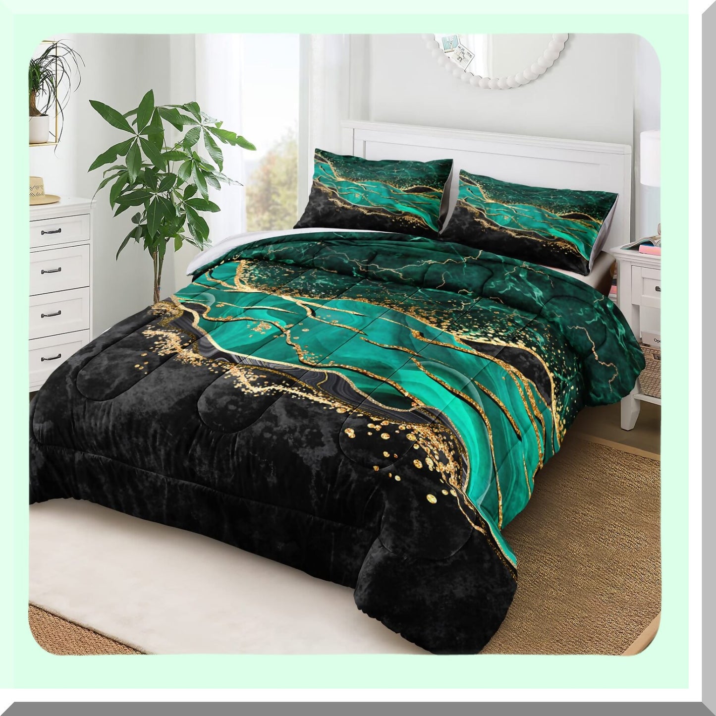 Emerald Marble Metallic Comforter Set - Dark Green Abstract Modern Bedding with F Print in Black Gold - Queen Size Luxurious Bed Set
