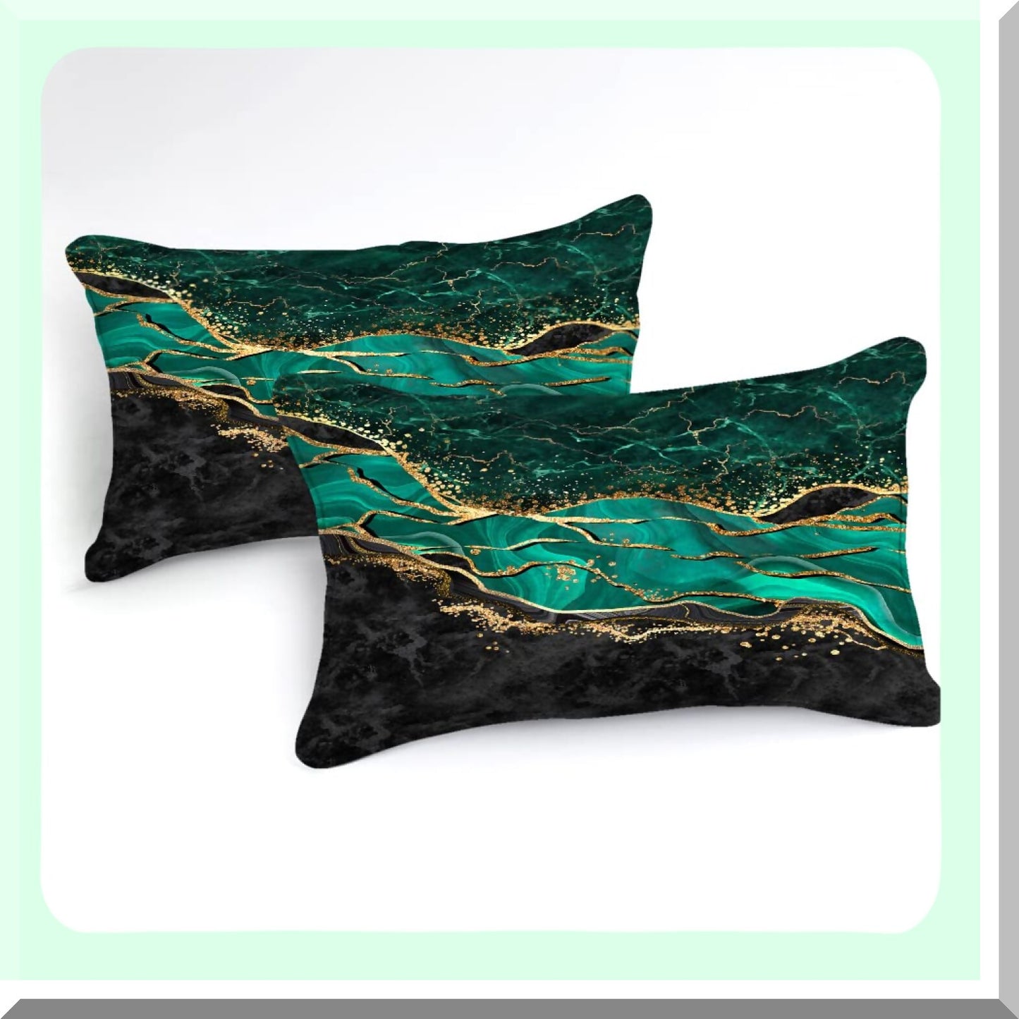 Emerald Marble Metallic Comforter Set - Dark Green Abstract Modern Bedding with F Print in Black Gold - Queen Size Luxurious Bed Set