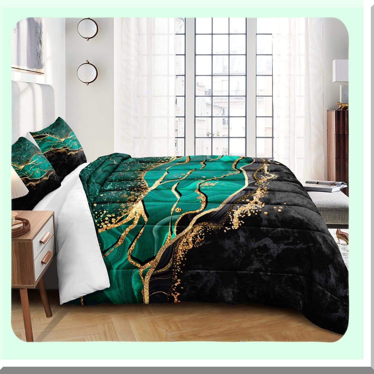Emerald Marble Metallic Comforter Set - Dark Green Abstract Modern Bedding with F Print in Black Gold - Queen Size Luxurious Bed Set