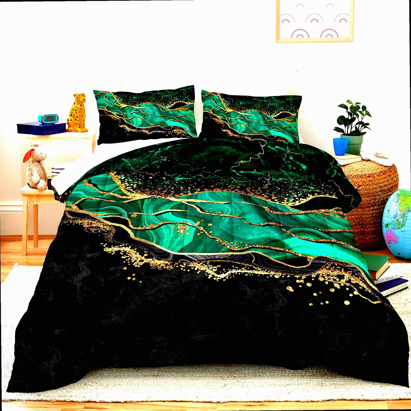 Emerald Marble Metallic Comforter Set - Dark Green Abstract Modern Bedding with F Print in Black Gold - Queen Size Luxurious Bed Set