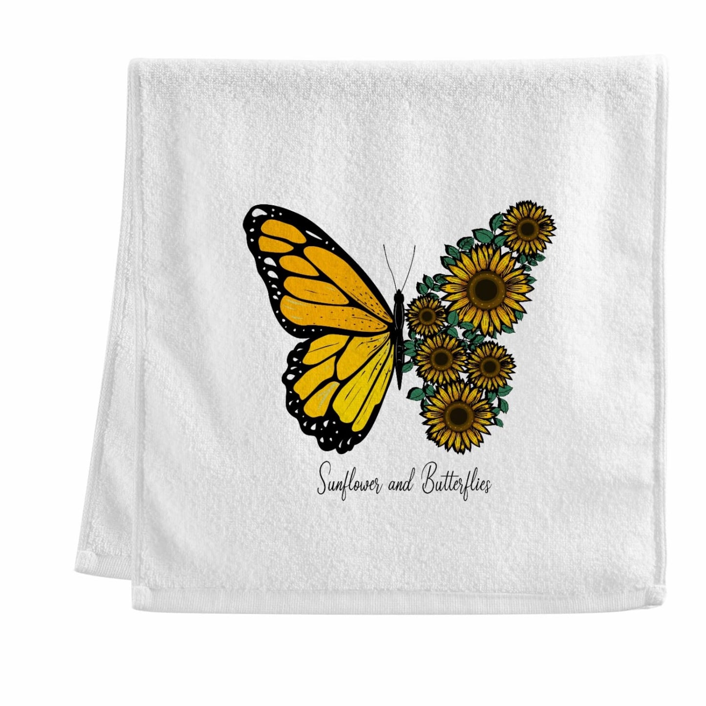 Set of 2 Yellow Sunflower Butterfly Cotton Towels 16x30