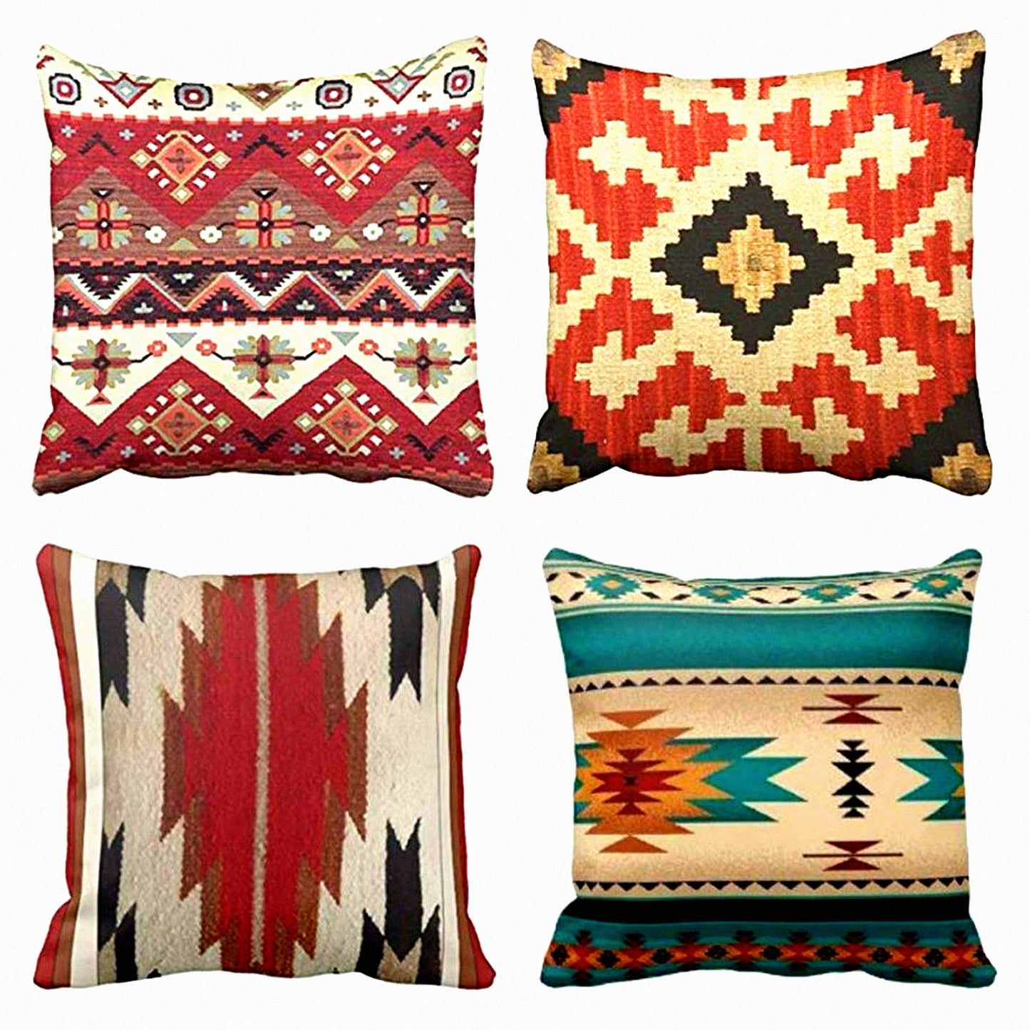 Geometric Southwest Throw Pillow Set - Tribal Vintage Cotton Linen Decor Case Cover, 18x18 in, Pack of 4 - Indoor Western Patterns