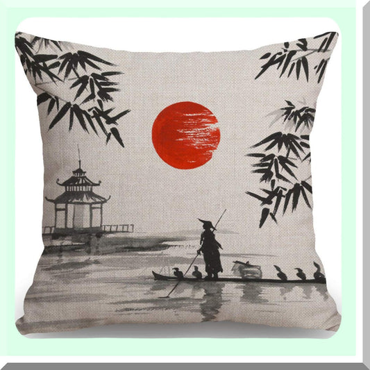 Japanese Boatman Cotton Linen Throw Pillow Cover - Home Office Decor 18" Square - Traditional Painting Cushion Case - No Insert Needed