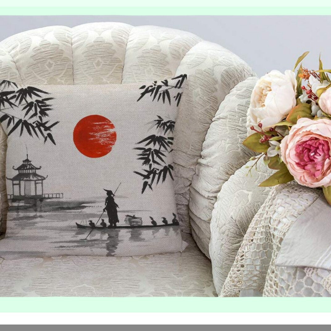 Japanese Boatman Cotton Linen Throw Pillow Cover - Home Office Decor 18" Square - Traditional Painting Cushion Case - No Insert Needed