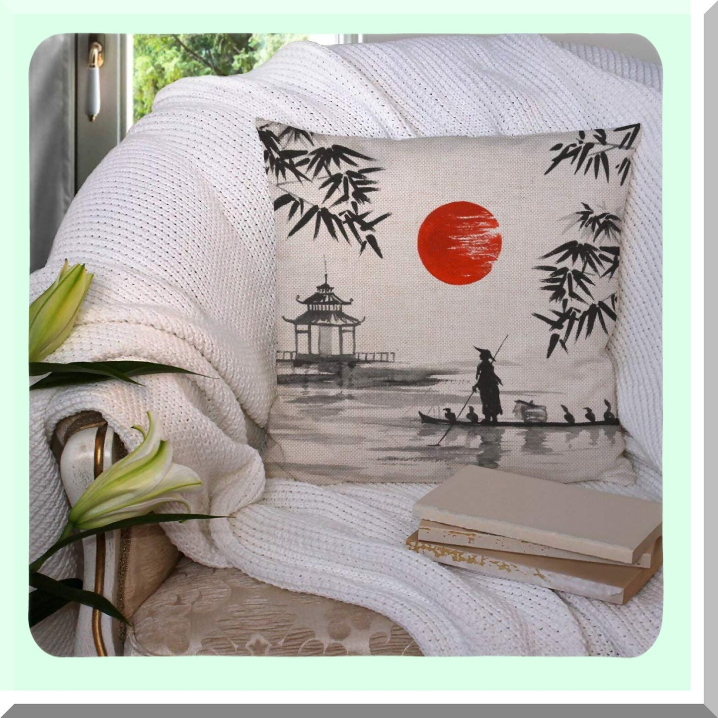 Japanese Boatman Cotton Linen Throw Pillow Cover - Home Office Decor 18" Square - Traditional Painting Cushion Case - No Insert Needed