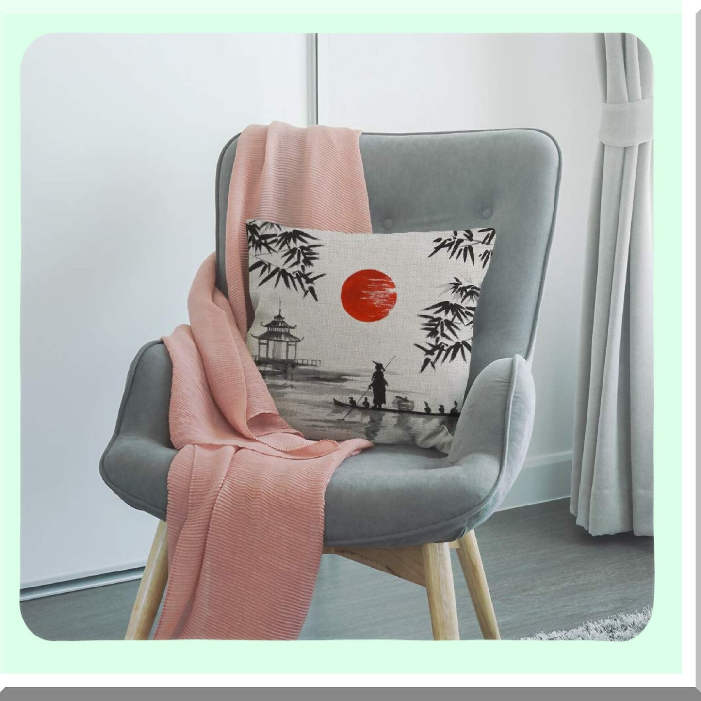 Japanese Boatman Cotton Linen Throw Pillow Cover - Home Office Decor 18" Square - Traditional Painting Cushion Case - No Insert Needed