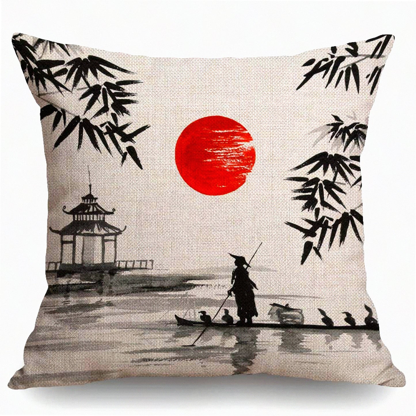 Japanese Boatman Cotton Linen Throw Pillow Cover - Home Office Decor 18" Square - Traditional Painting Cushion Case - No Insert Needed