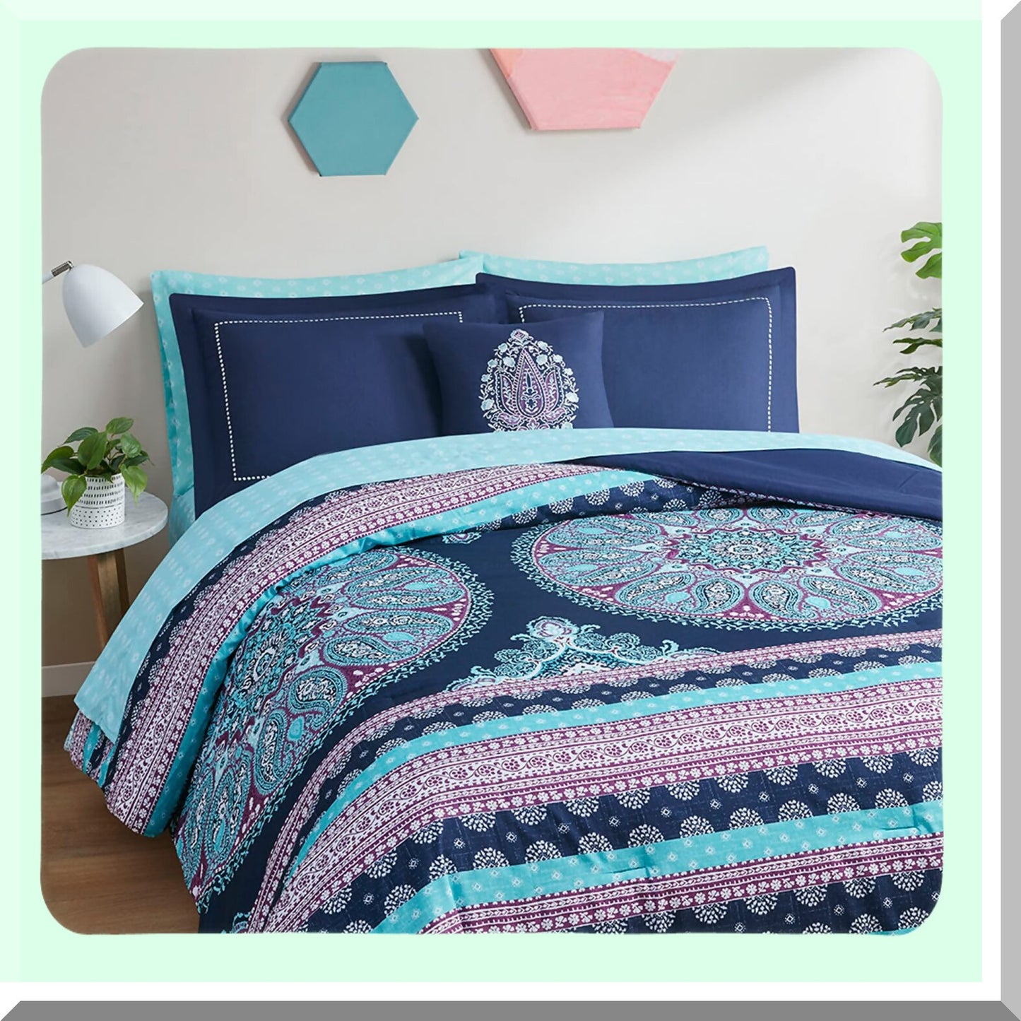 Boho Blue Queen Bedding Set - Microfiber Comforter with Sheets, Side Pockets, Decorative Pillow - 8 Piece Navy Bed in A Bag