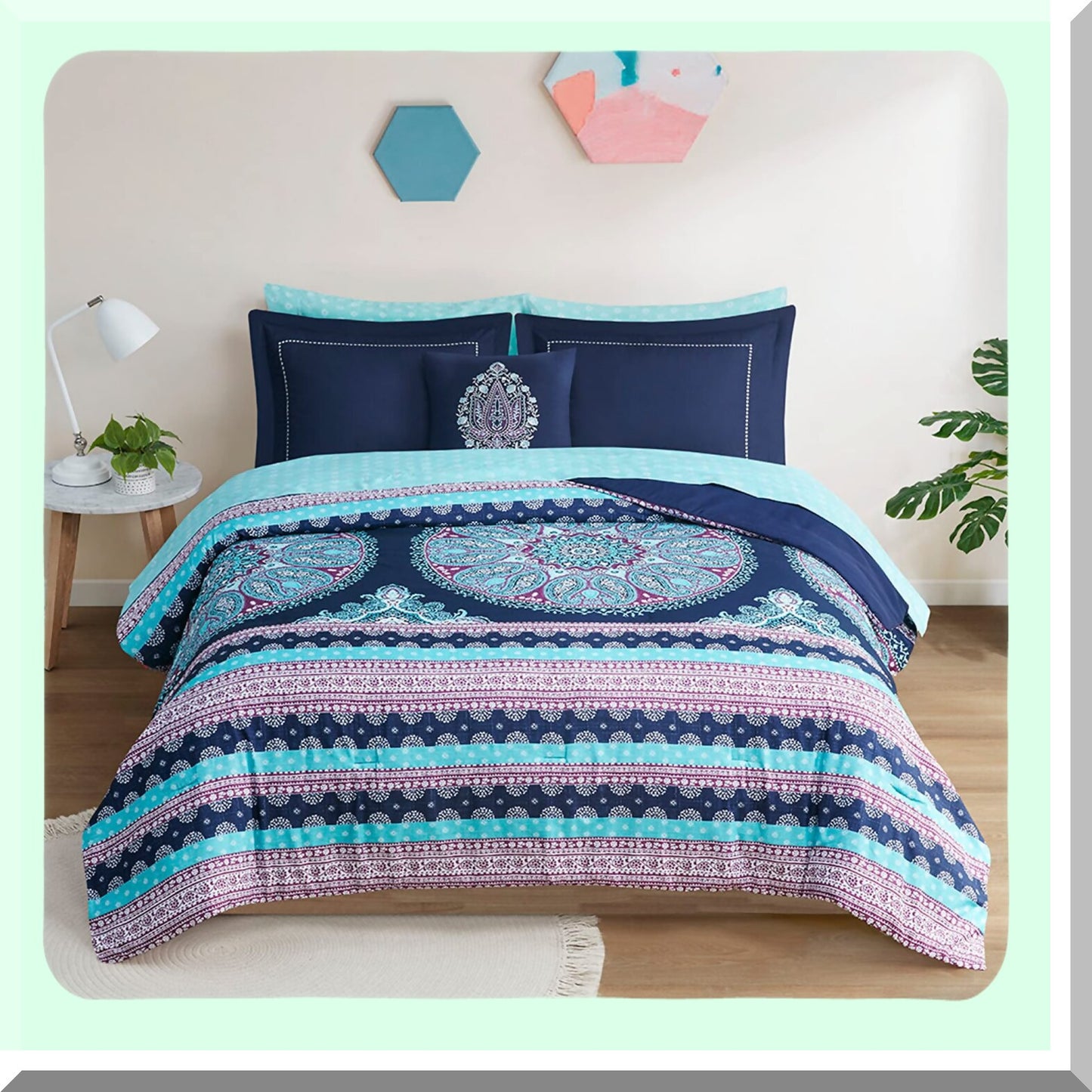 Boho Blue Queen Bedding Set - Microfiber Comforter with Sheets, Side Pockets, Decorative Pillow - 8 Piece Navy Bed in A Bag