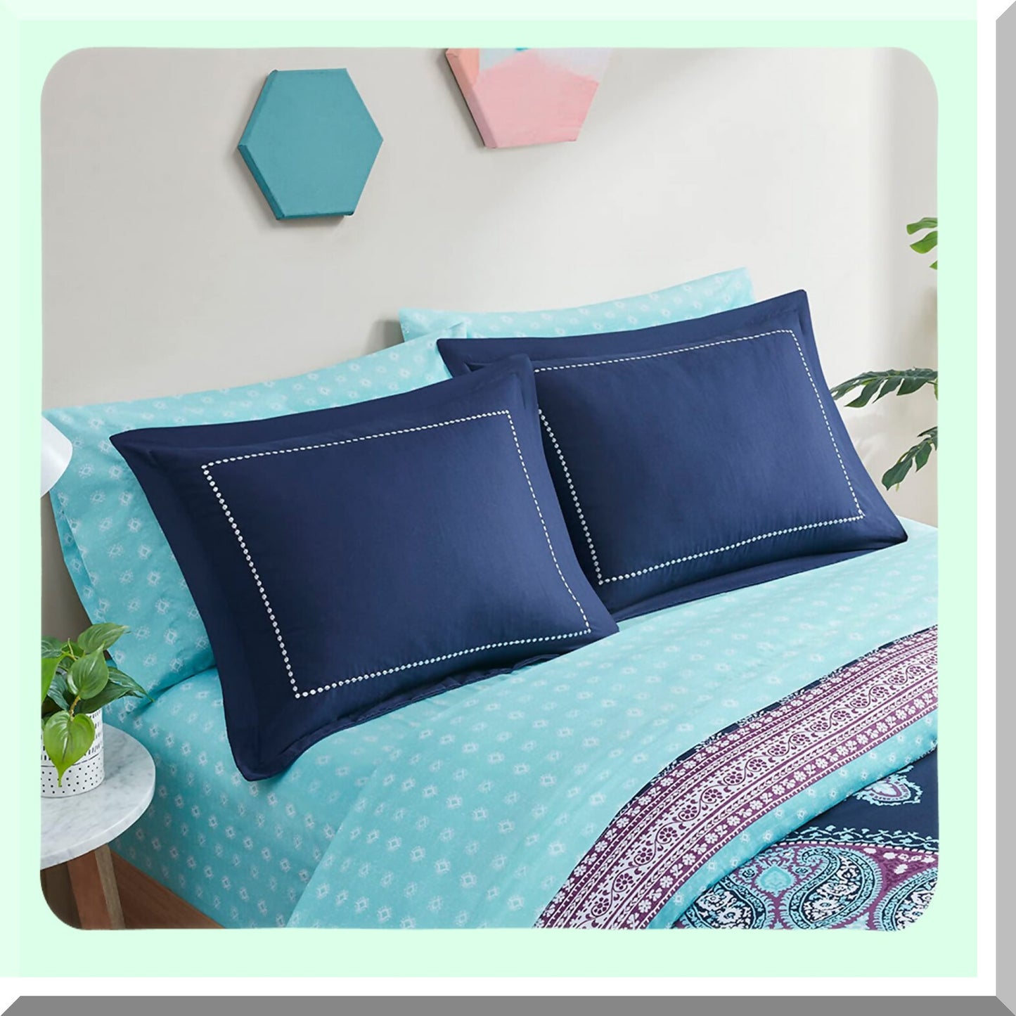 Boho Blue Queen Bedding Set - Microfiber Comforter with Sheets, Side Pockets, Decorative Pillow - 8 Piece Navy Bed in A Bag