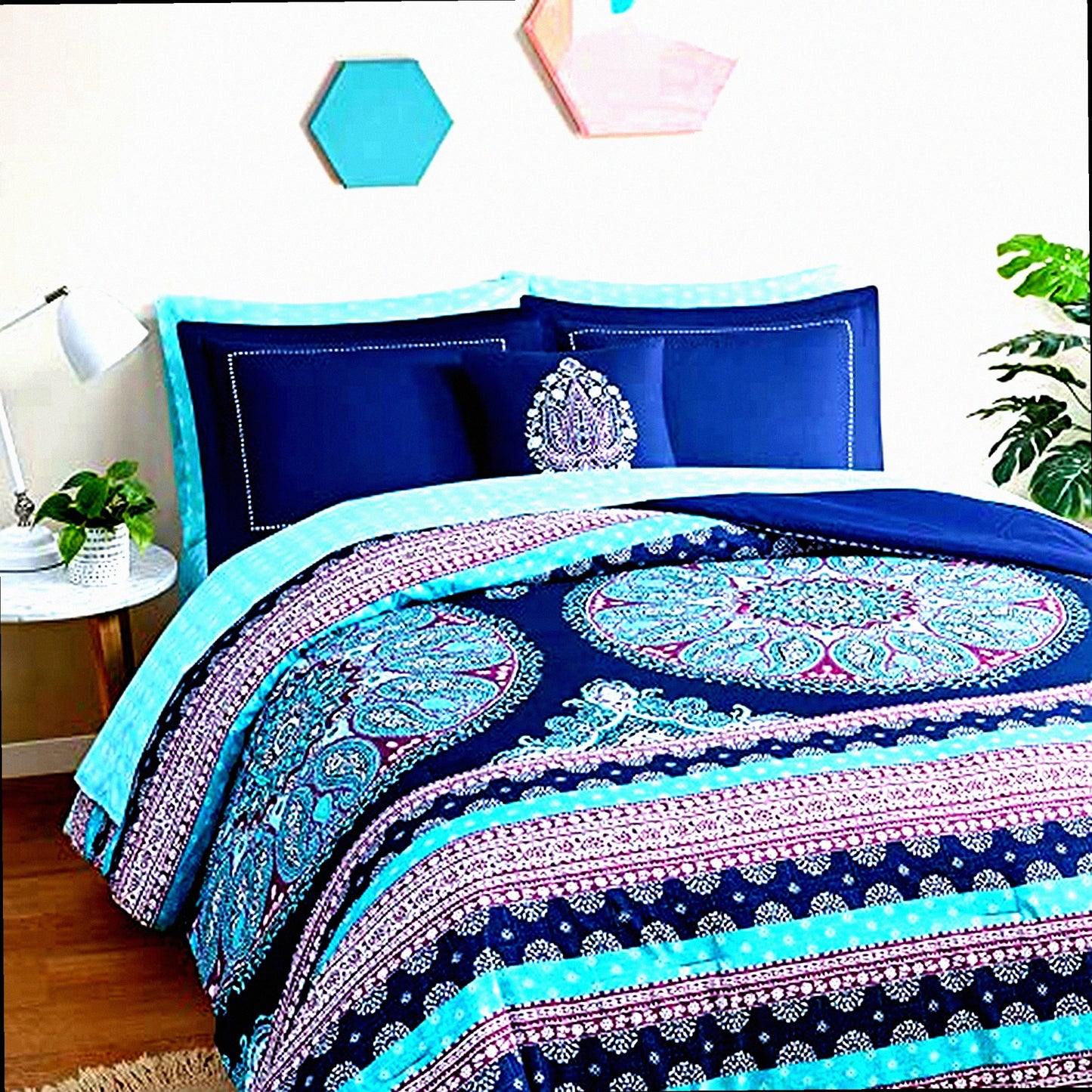 Boho Blue Queen Bedding Set - Microfiber Comforter with Sheets, Side Pockets, Decorative Pillow - 8 Piece Navy Bed in A Bag