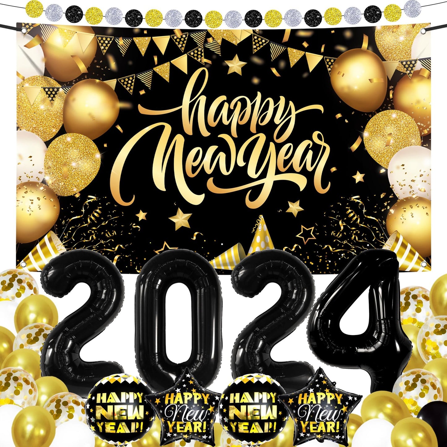 New Years Eve Party Supplies 2024 Set with Black and Gold Decorations