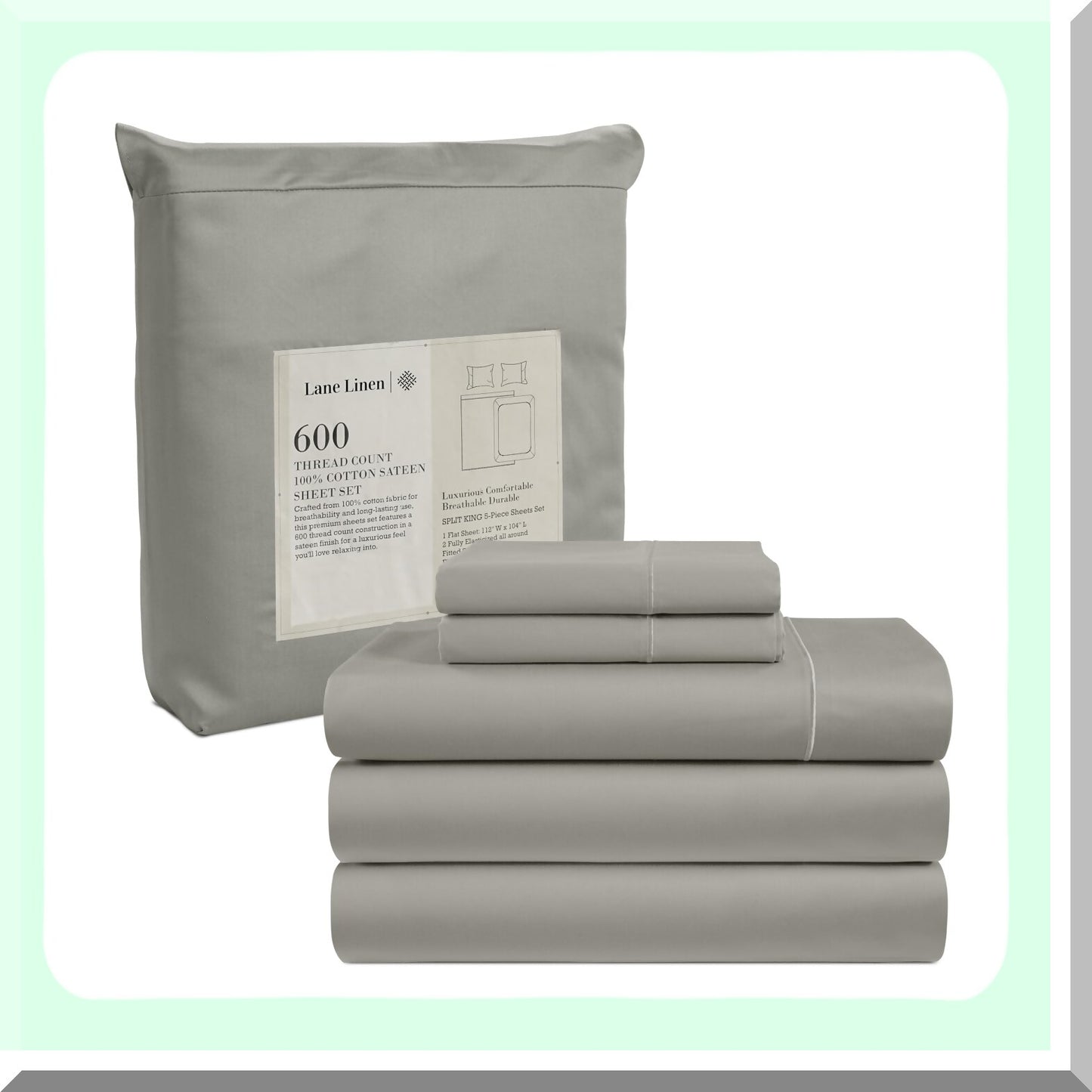Luxury Cotton Split Bedding Set - 5 Piece 600 TC Sheets with Deep Pockets for Adjustable Beds. Ultra Soft Hotel Quality Pillowcases in Silver.
