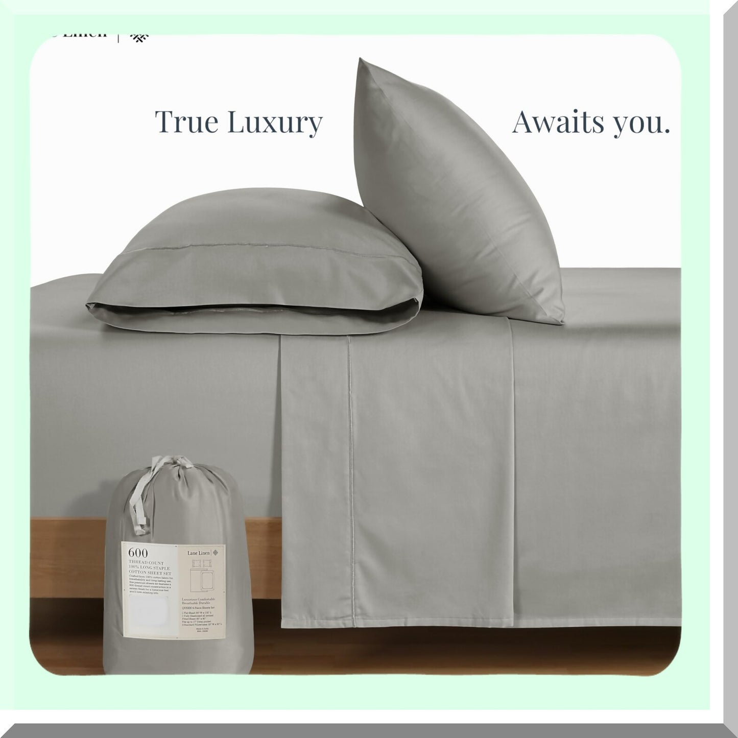 Luxury Cotton Split Bedding Set - 5 Piece 600 TC Sheets with Deep Pockets for Adjustable Beds. Ultra Soft Hotel Quality Pillowcases in Silver.