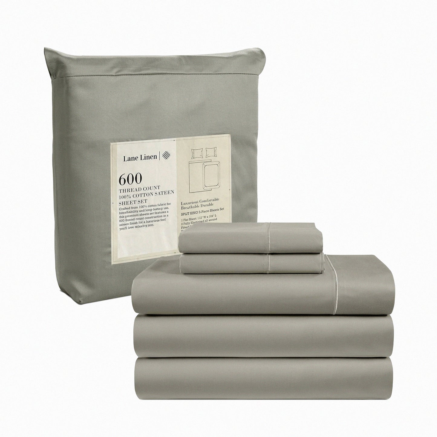 Luxury Cotton Split Bedding Set - 5 Piece 600 TC Sheets with Deep Pockets for Adjustable Beds. Ultra Soft Hotel Quality Pillowcases in Silver.