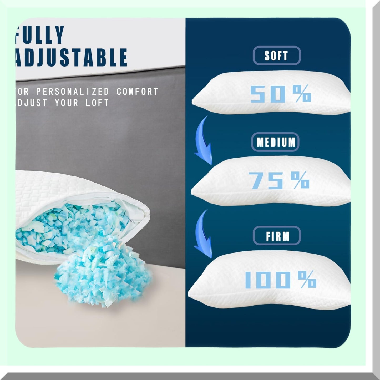 CoolGel Side Sleeper Memory Foam Pillow - Adjustable Queen Size 20 x 30 inches - Cooling Bed Pillow for Back and Side Sleep - Washable Removable Cover