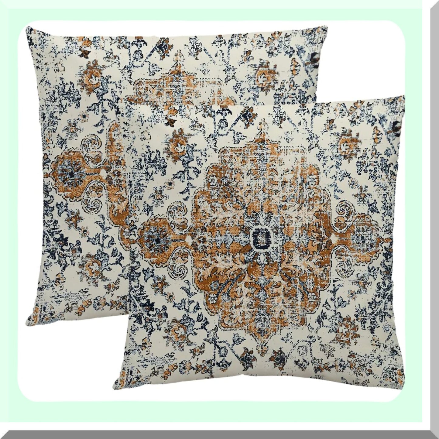 Vintage Boho Floral Pillow Covers - Set of 2 18X18 Inch Ethnic Design Cushion Cases for Home Decor. Brown Blue Carpet Pattern for Bedroom, Outdoor Sofa.