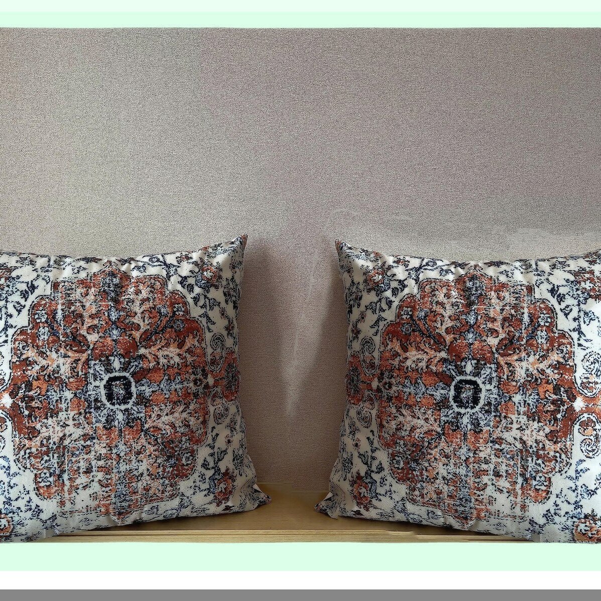 Vintage Boho Floral Pillow Covers - Set of 2 18X18 Inch Ethnic Design Cushion Cases for Home Decor. Brown Blue Carpet Pattern for Bedroom, Outdoor Sofa.