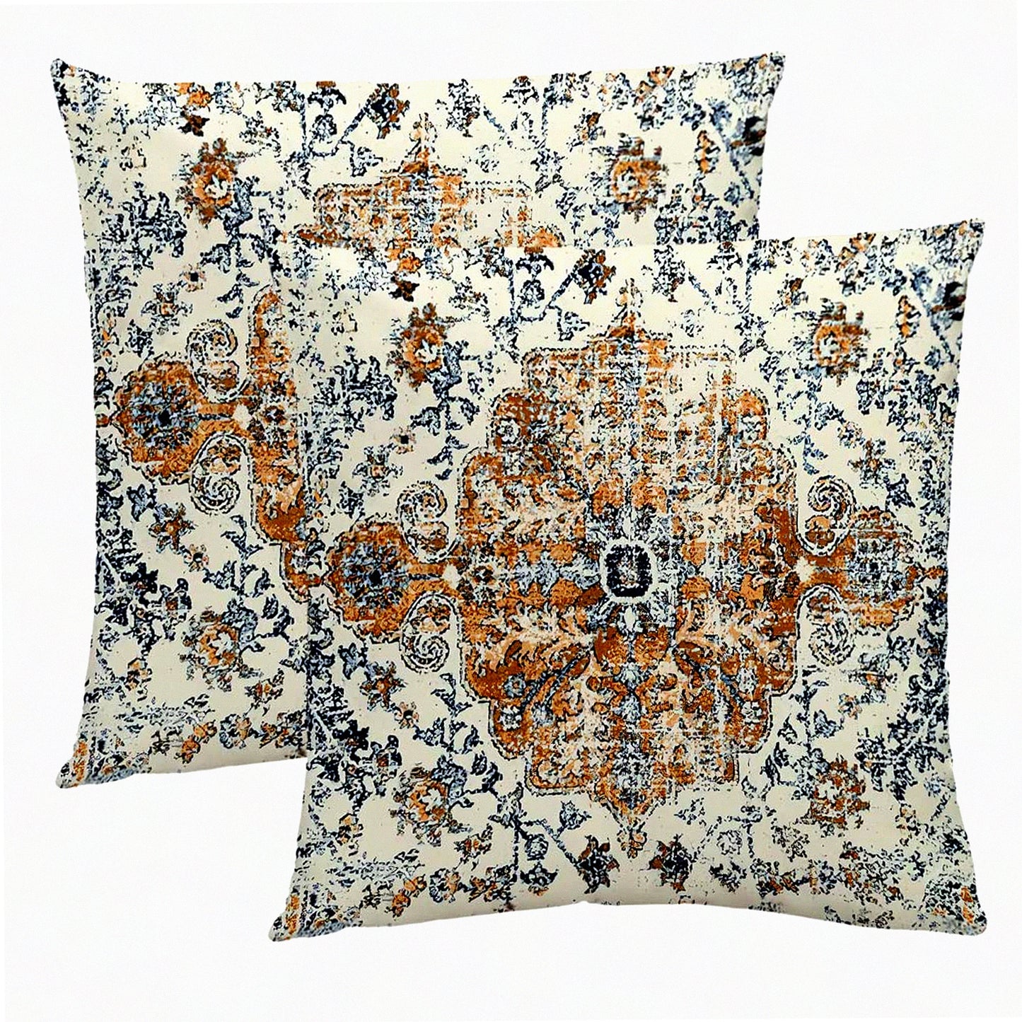 Vintage Boho Floral Pillow Covers - Set of 2 18X18 Inch Ethnic Design Cushion Cases for Home Decor. Brown Blue Carpet Pattern for Bedroom, Outdoor Sofa.