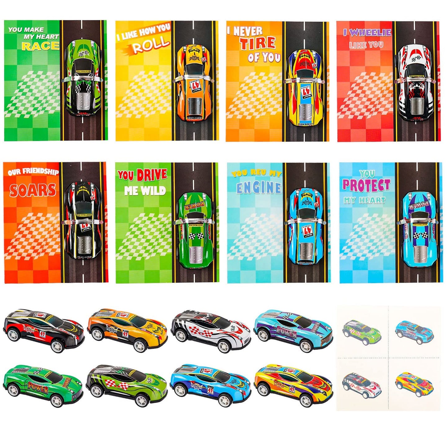 Colorful Race Car Party Pack - 32 Assorted Metal Toy Cars with Pull Back Action and Greeting Cards. Perfect for Birthdays, Prizes, and Gifts for Kids.