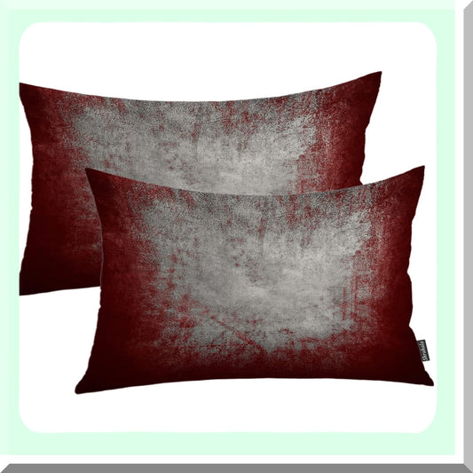 Abstract Tie Dye Decorative Pillow Cover Set - Modern Art Lumbar Pillowcase for Bedroom & Living Room - Grey & Dark Red Linen Blend - 12 x 20 in - Set of 2