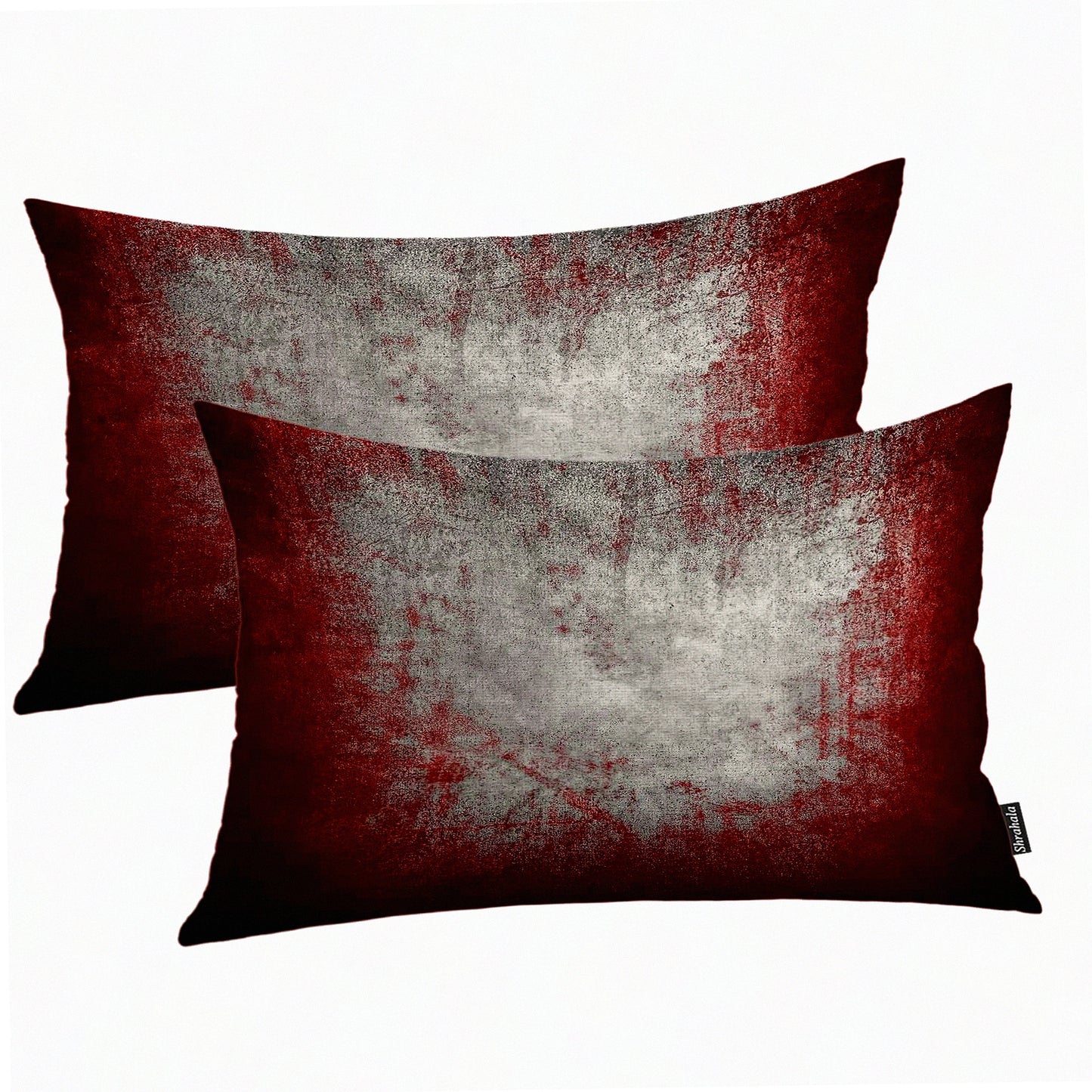 Abstract Tie Dye Decorative Pillow Cover Set - Modern Art Lumbar Pillowcase for Bedroom & Living Room - Grey & Dark Red Linen Blend - 12 x 20 in - Set of 2