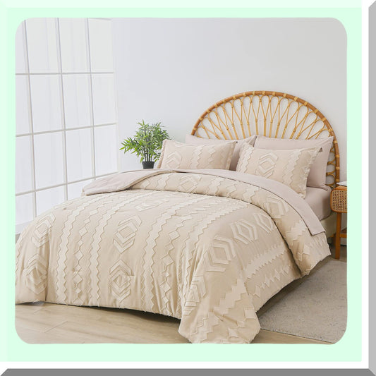 Beige Boho Bliss 7-Piece Comforter Set - Full Size Bedding Bundle with Tufted Comforter, Sheets, and Microfiber Fabric - All Season Softness and Style