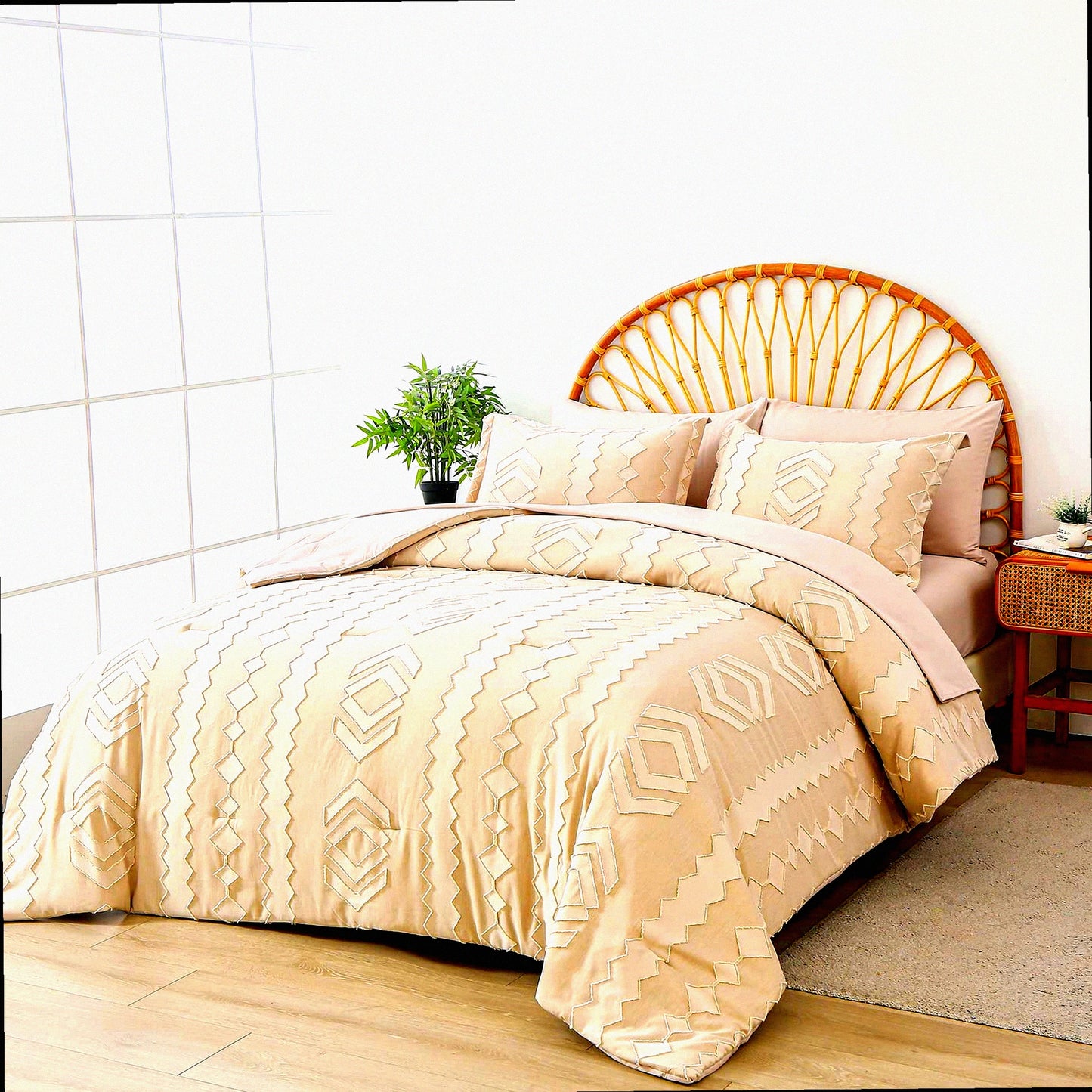 Beige Boho Bliss 7-Piece Comforter Set - Full Size Bedding Bundle with Tufted Comforter, Sheets, and Microfiber Fabric - All Season Softness and Style