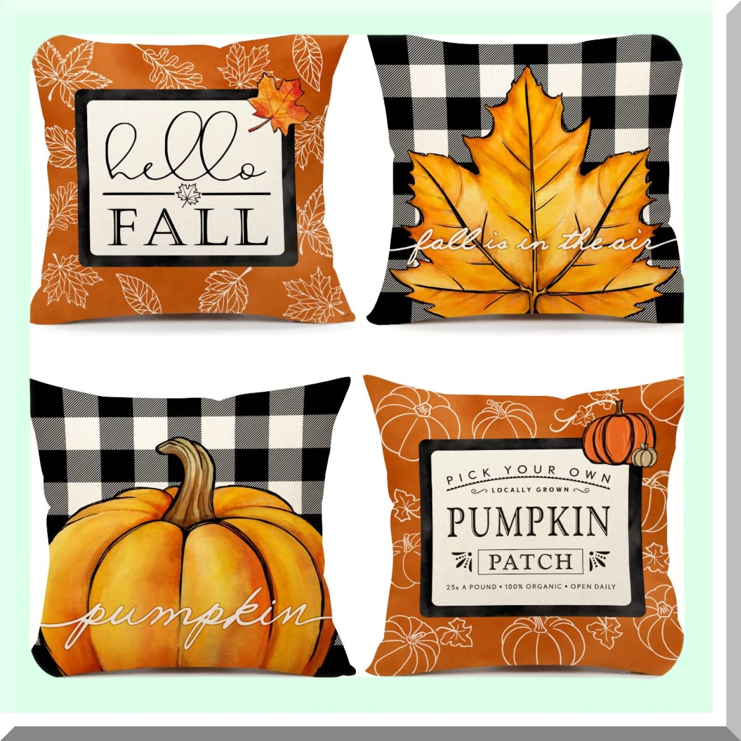 Autumn Harvest Pillow Covers Set - Thanksgiving Buffalo Check Farmhouse Decor - Pumpkin Maple Leaves Outdoor Decorative Throw Cushion Case - Home Couch Decorations