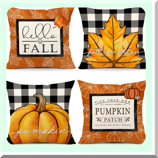 Autumn Harvest Pillow Covers Set - Thanksgiving Buffalo Check Farmhouse Decor - Pumpkin Maple Leaves Outdoor Decorative Throw Cushion Case - Home Couch Decorations