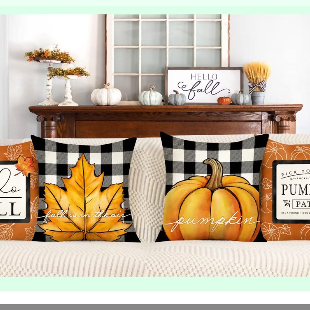 Autumn Harvest Pillow Covers Set - Thanksgiving Buffalo Check Farmhouse Decor - Pumpkin Maple Leaves Outdoor Decorative Throw Cushion Case - Home Couch Decorations