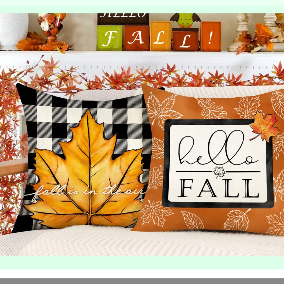 Autumn Harvest Pillow Covers Set - Thanksgiving Buffalo Check Farmhouse Decor - Pumpkin Maple Leaves Outdoor Decorative Throw Cushion Case - Home Couch Decorations