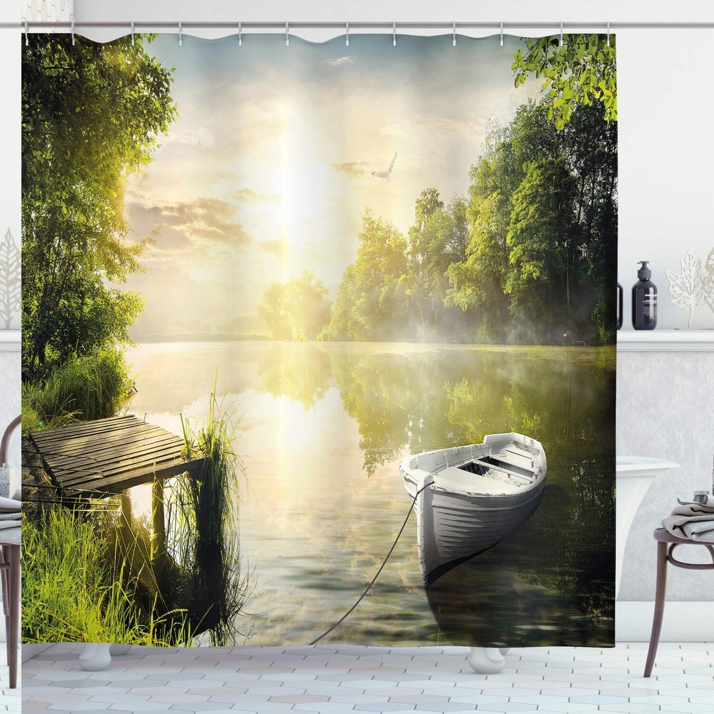 Nature Boat Shower Curtain 69x70 Olive Green White