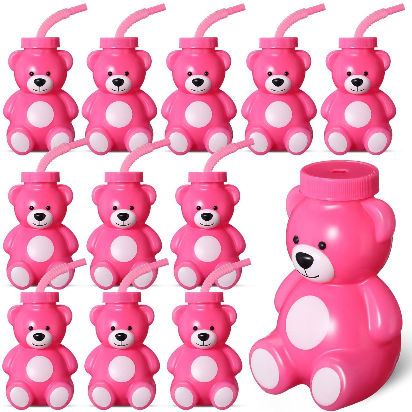 BearCupz - 12 Pack 10oz Reusable Plastic Cups with Straws & Lids for Kids Birthday Party Favors. Fun Bear Shape Design in Pink for Weddings!