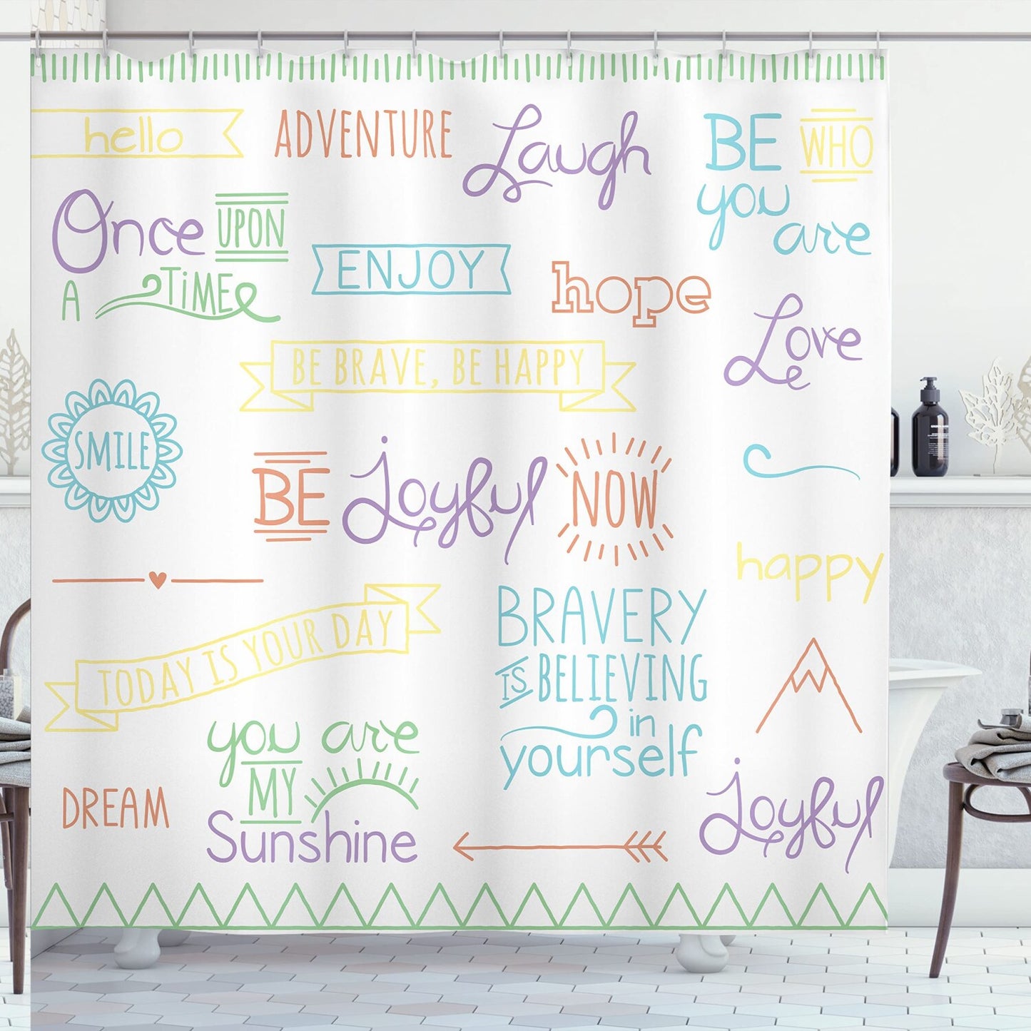 Adventure Shower Curtain with Uplifting Phrases, 69" x 70"