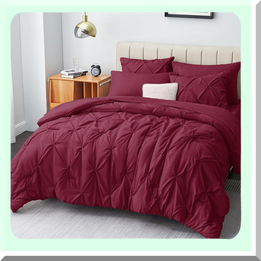 Burgundy Red Pintuck Pleat Comforter Set - 7 Piece Bedding Ensemble with All Season Comforter, Flat & Fitted Sheets, Pillowcases & Shams - King Size