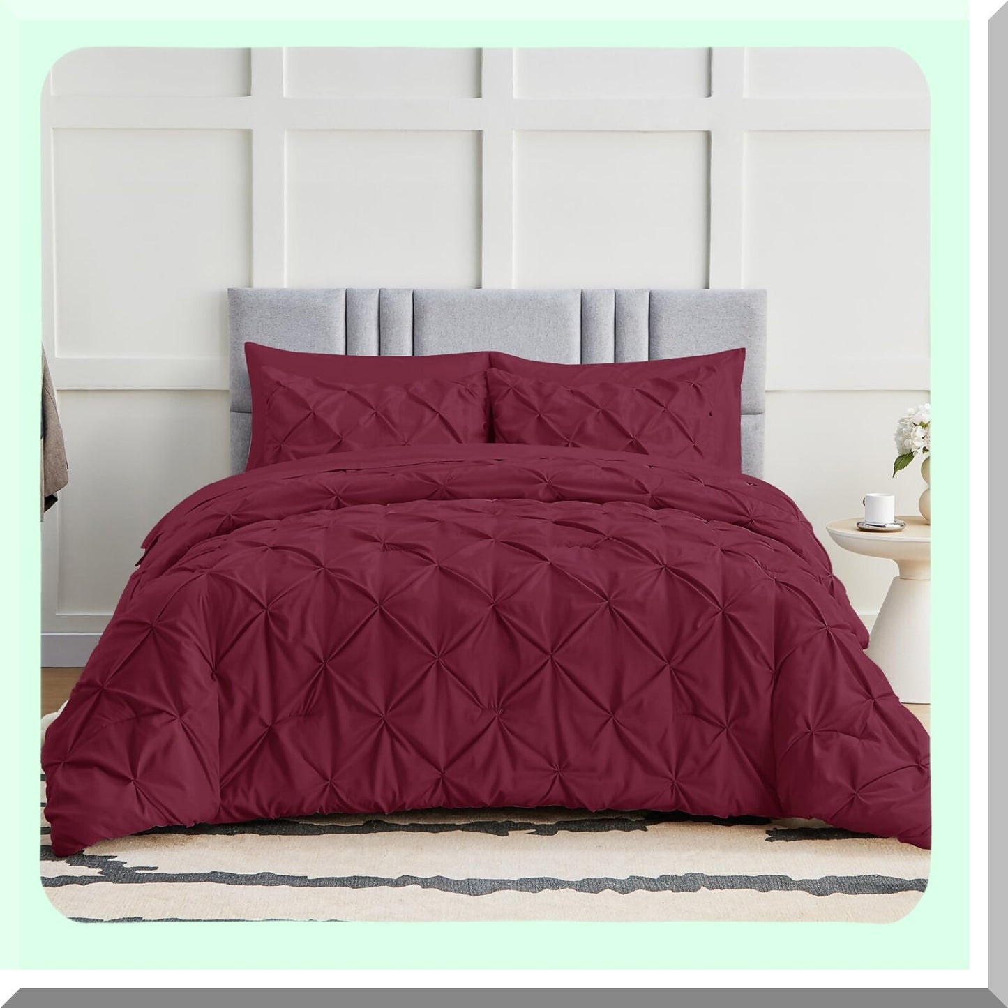 Burgundy Red Pintuck Pleat Comforter Set - 7 Piece Bedding Ensemble with All Season Comforter, Flat & Fitted Sheets, Pillowcases & Shams - King Size